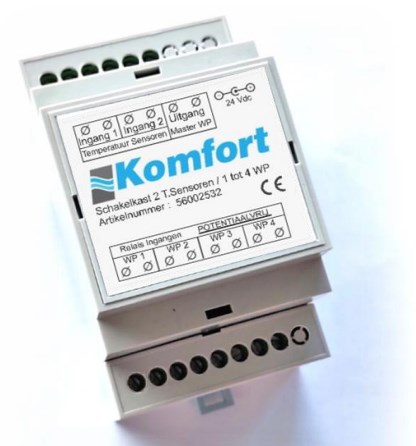 Komfort Schakelkast voor 2 temperatuursensoren op 1 buffervat. Tot 4 warmtepompen in cascade aansluitbaar.