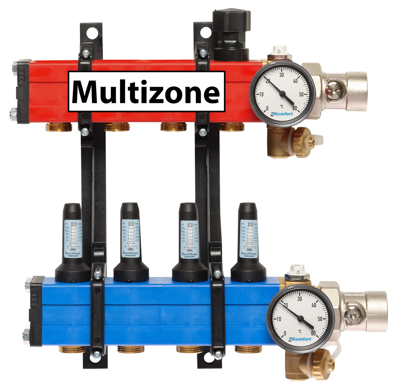 Komfort Multizone verdeler 25 - 135 l/u., 4 groepen, aansluiting rechts