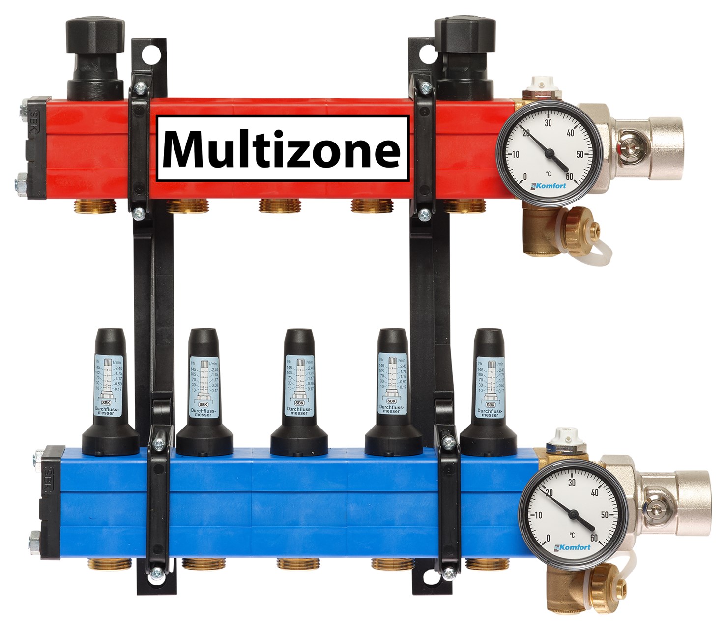 Komfort Multizone verdeler 25 - 135 l/u., 5 groepen, aansluiting rechts