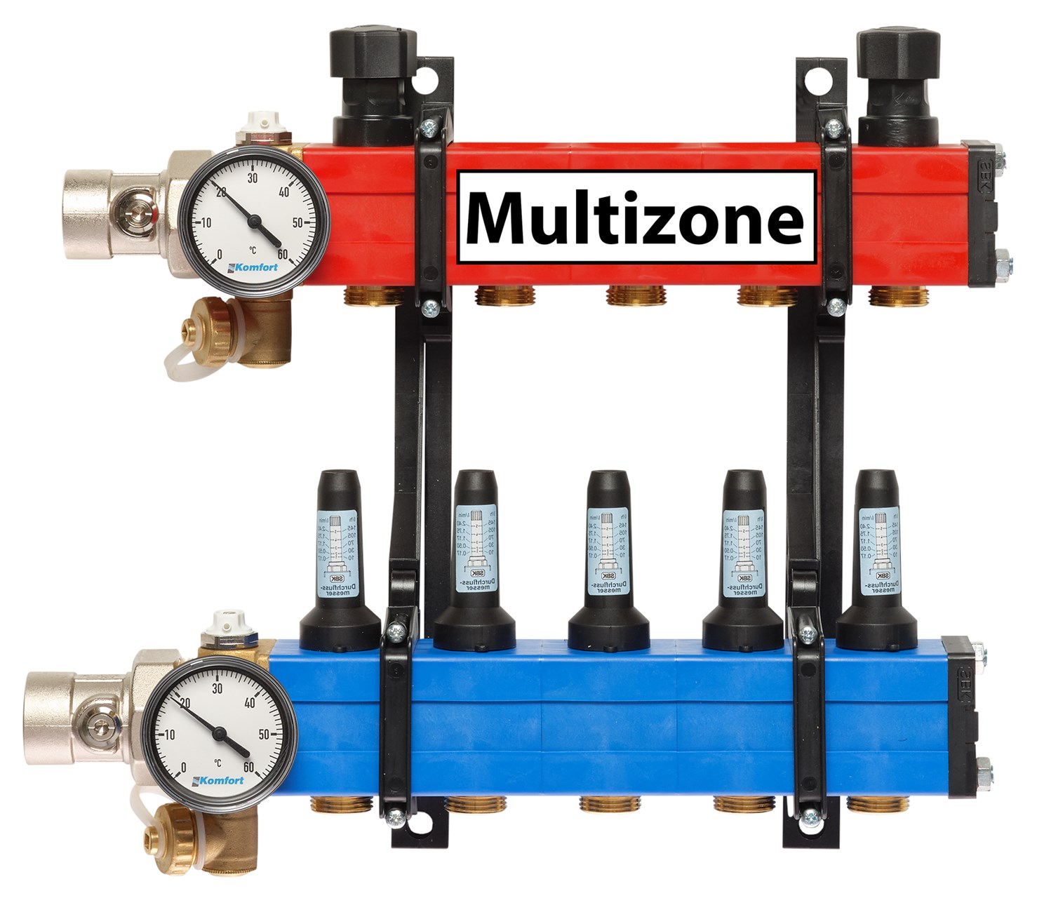 Komfort Multizone verdeler 25 - 135 l/u., 5 groepen, aansluiting links