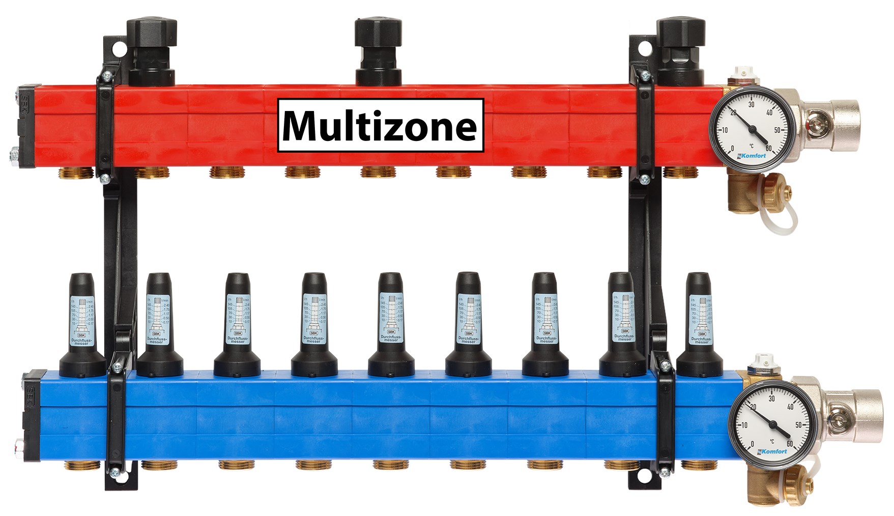Komfort Multizone verdeler 25 - 135 l/u., 9 groepen, aansluiting rechts
