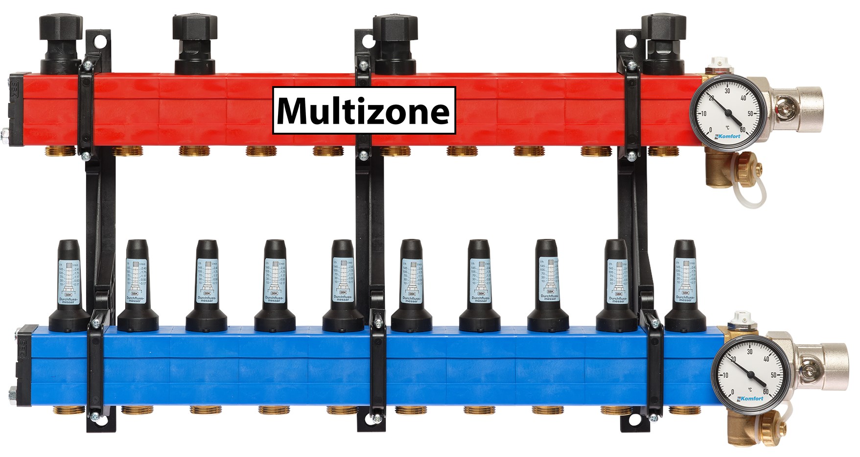 Komfort Multizone verdeler 25 - 135 l/u., 10 groepen, aansluiting rechts