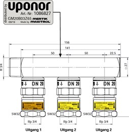 Uponor GAS veiligheidsverdeler inclusief beveiligingsschakelaar Rp3/4"FT 3XRp3/4"FT c/c50mm